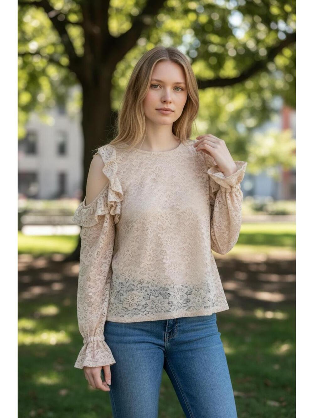 Carolina Belle Beige Lace Cold Shoulder Blouse with Ruffle Details